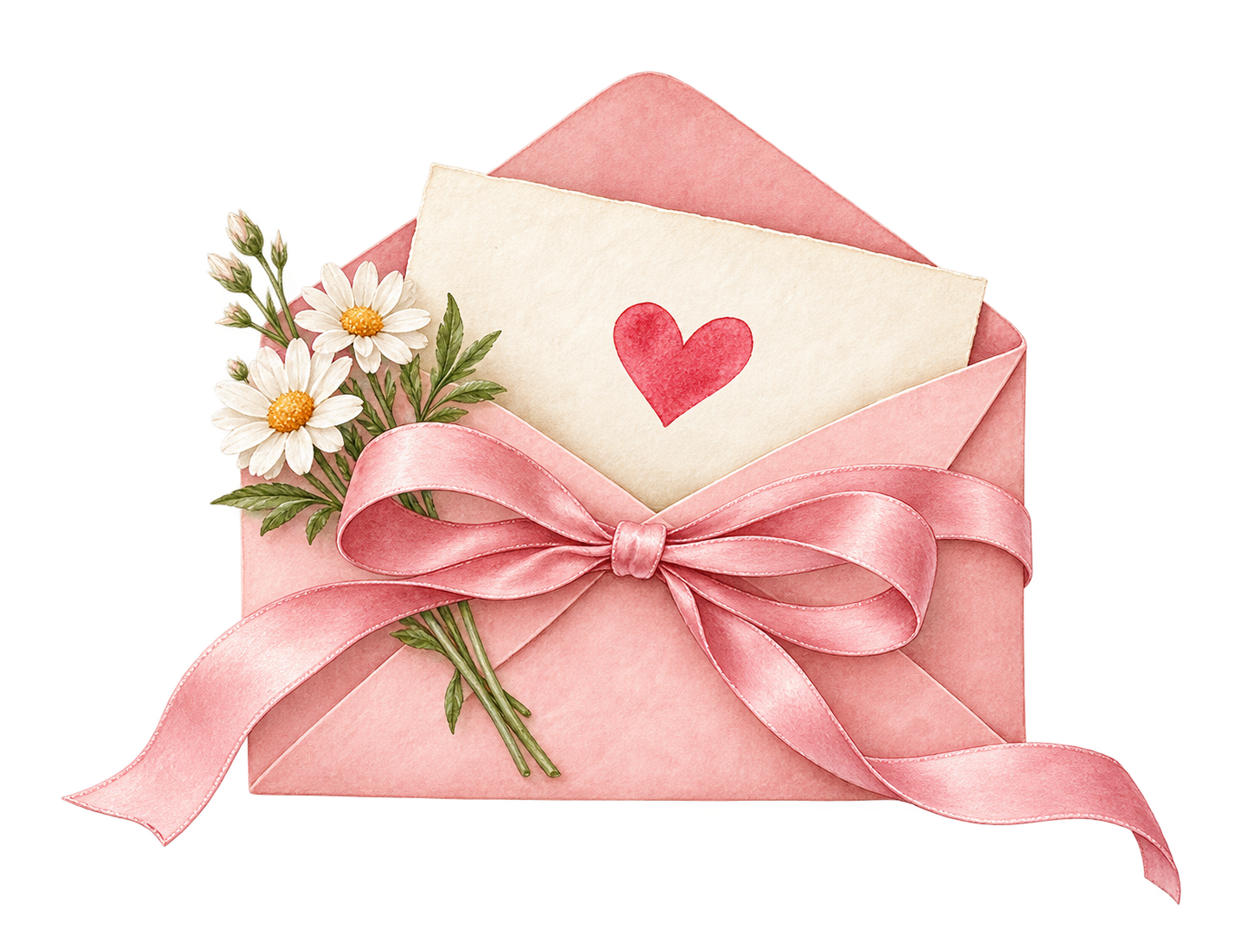 A pink ribbon wrapped around a little love letter